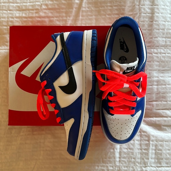 bright crimson and game royal dunks low